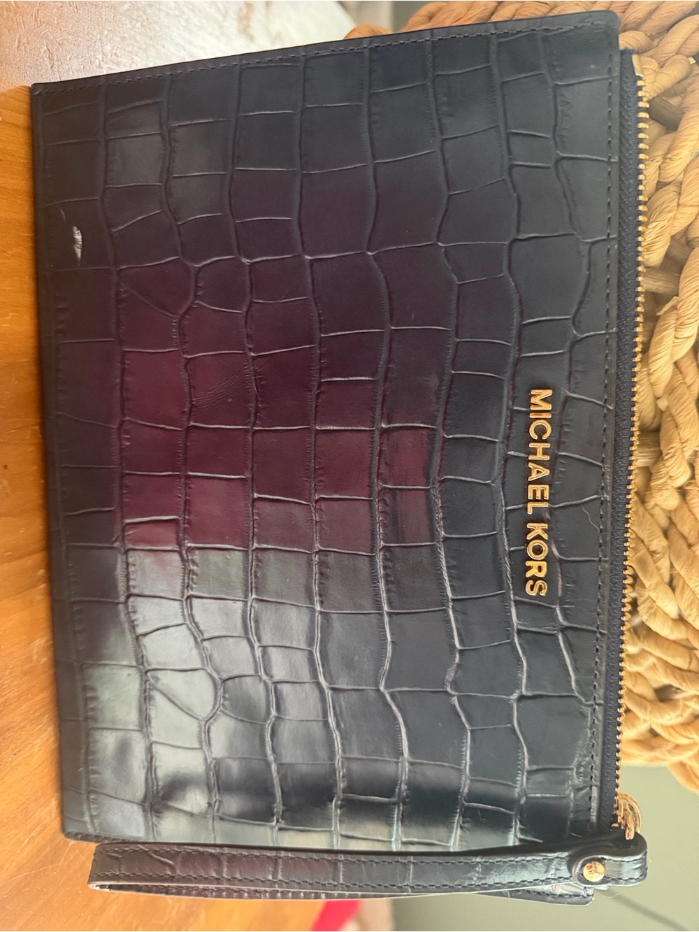 MICHAEL Michael Kors Navy Croc-Embossed Bedford Wristlet with Gold Logo